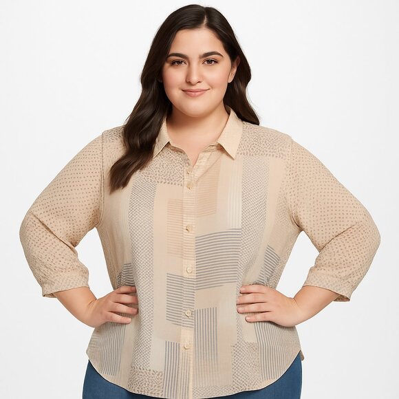 Rose+Olive Women 3X Plus Size Blouse Button 3/4 Sleeve Geometric Poly Peach Blue - Picture 1 of 16